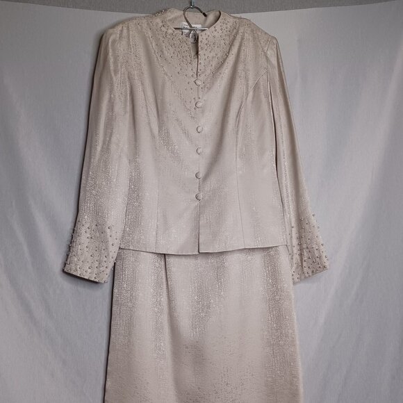 Adrianna Papell Skirt Suit Silk 2pc Womens 10 Beige/Silver Faux Pearl Beaded - Picture 1 of 16
